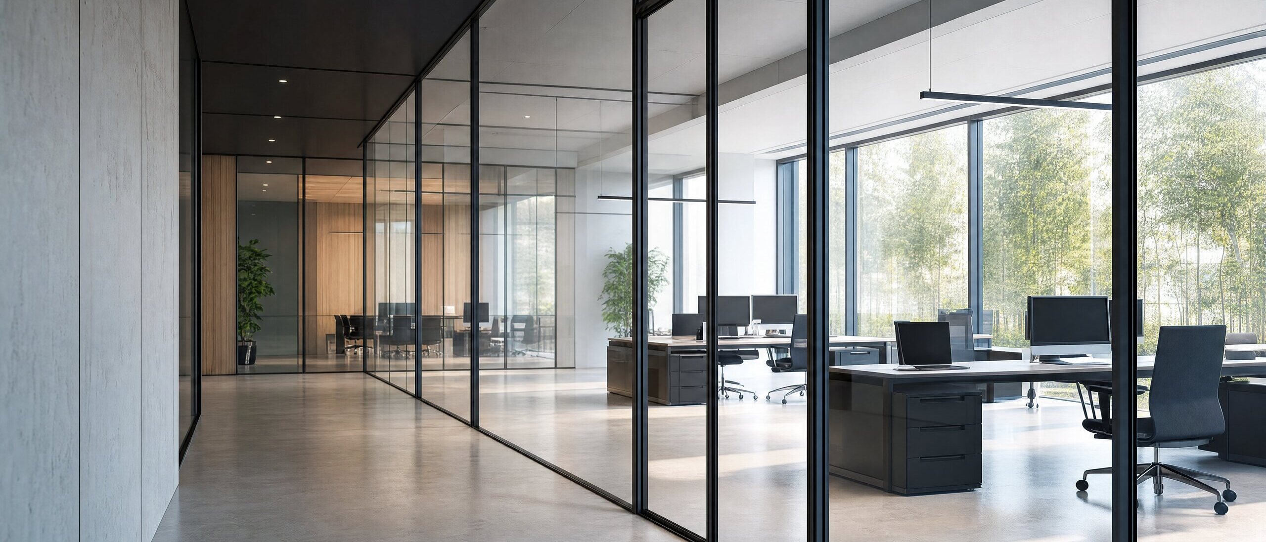 Ofis bölme sistemleri: siyah profilli cam bölmelerle ayrılmış modern açık ofis Ofis bölme sistemleri: siyah profilli cam bölmelerle ayrılmış modern açık ofis